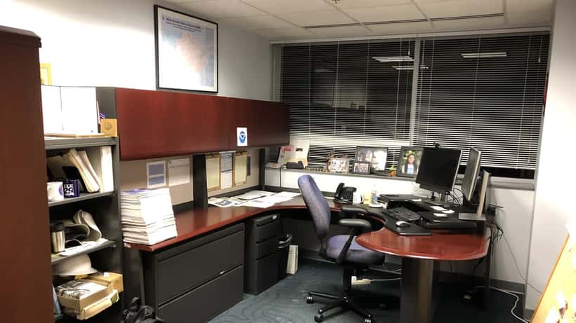 National Weather Service forecast office with meteorologist workstations