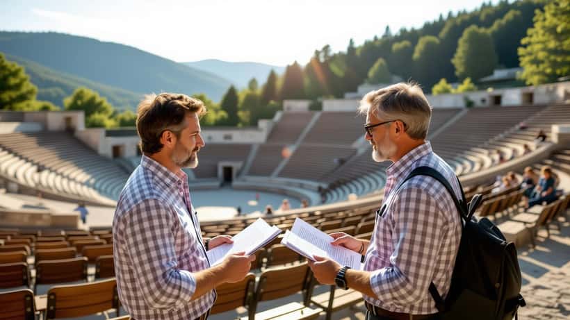 Besorgter Mann studiert Event-Tickets vor leerem Steinbruch-Amphitheater in Niederösterreich