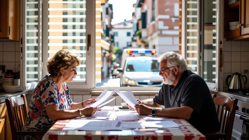 Avvocato consulta cliente anziano con documenti legali durante emergenza caldo 2026 Italia