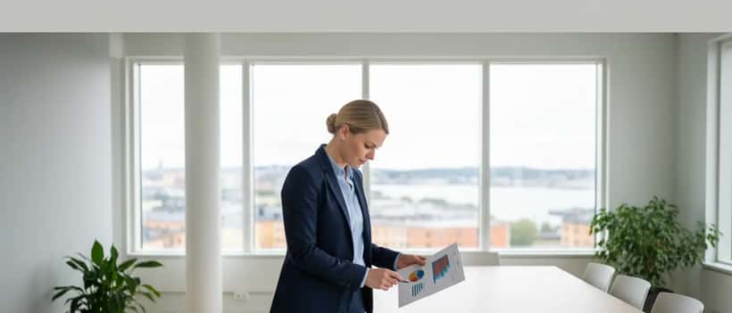 Svensk kvinnlig finansiell rådgivare på ett ljust modernt stockholmskontor granskar budgetdokument