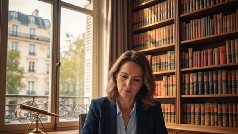Avocate consultant un contrat d'assurance dans un bureau parisien avec une vue sur Paris