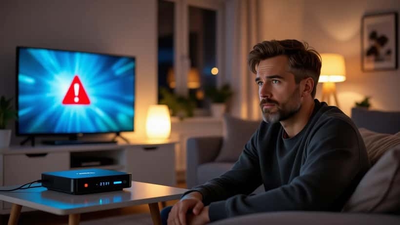 Man tittar oroat på en smart-TV med varningsikon, streaming-box och router i ett modernt svenskt vardagsrum
