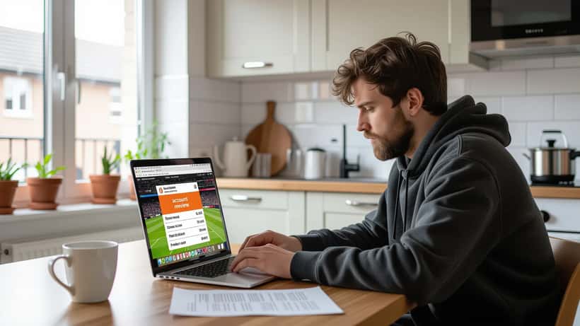 UK sports bettor viewing frozen betting account on laptop with sports accumulator printout and legal letter on desk