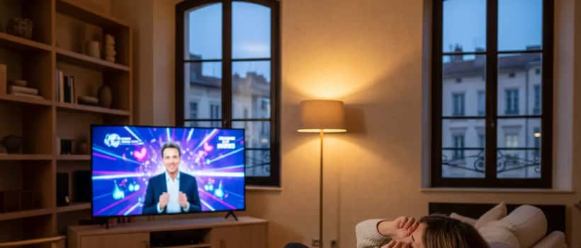 Femme française regardant la télévision le soir, yeux fatigués, lumière douce d'ambiance