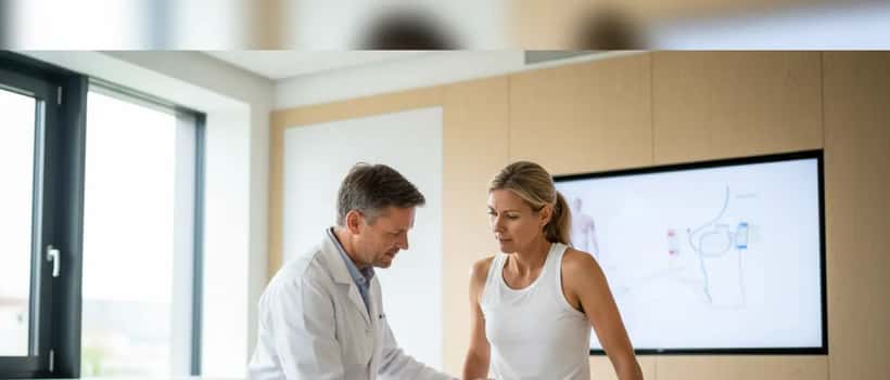 Tennisspielerin im Gespräch mit einem Sportmediziner in einer Klinik