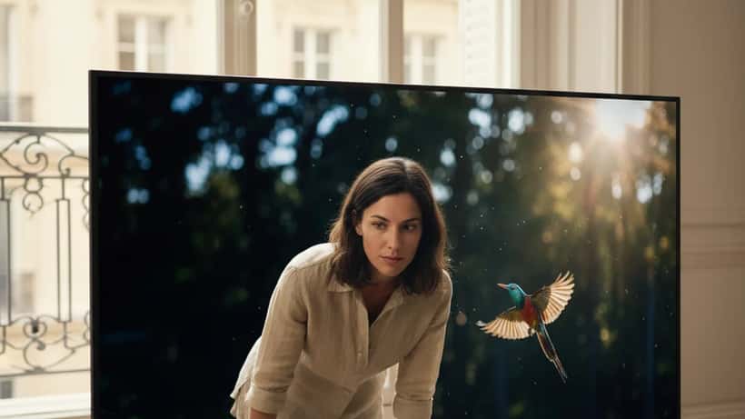Technicienne en électronique examinant un téléviseur Mini LED TCL dans un appartement parisien