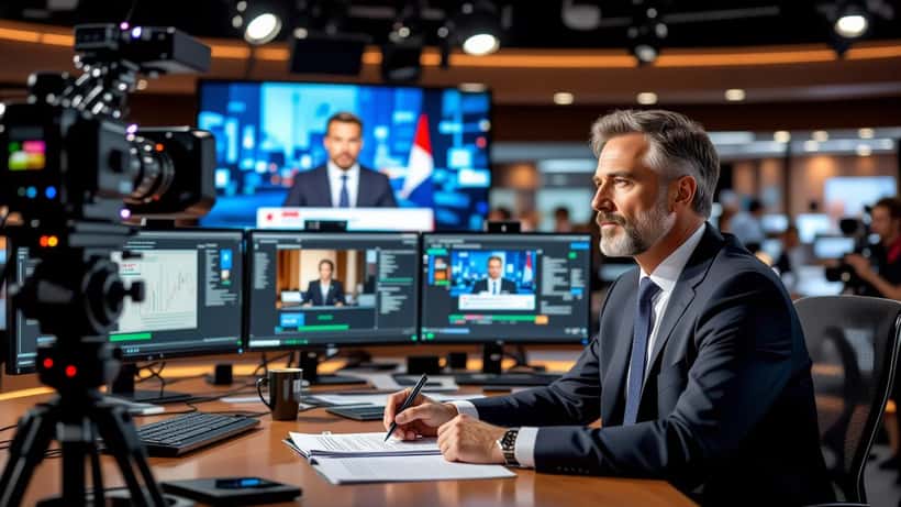 Journaliste présentateur devant un bureau de plateau télévisé avec des documents contractuels