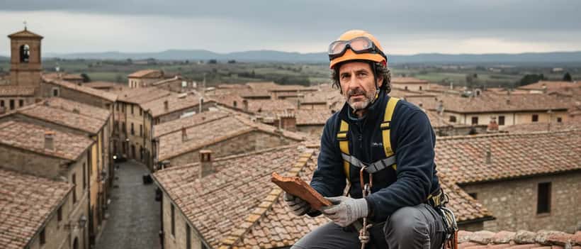 Artigiano italiano che ispeziona tegole danneggiate dal vento su un tetto di terracotta con cielo nuvoloso