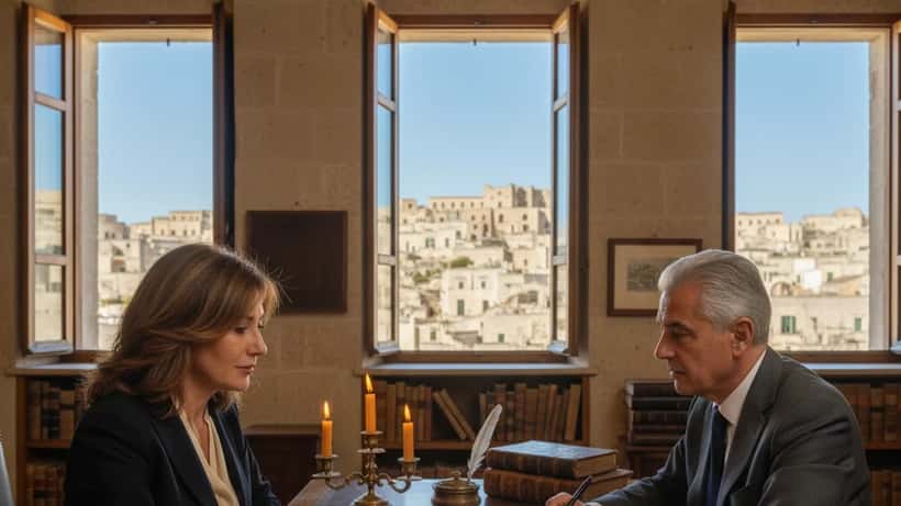 Avvocata italiana che esamina documenti successori con una cliente in un ufficio storico a Matera