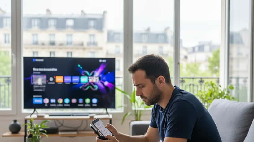 Homme français frustré par notification d'abonnement PlayStation Plus sur smartphone dans appartement parisien