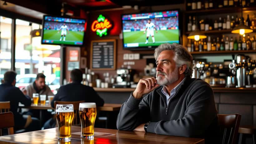 Adepto português com mão no peito a assistir ao jogo Argentina-Bolívia num café em Lisboa
