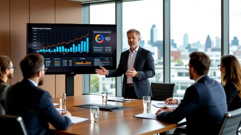 British entrepreneur pitching to investors in a London boardroom, financial charts on screen