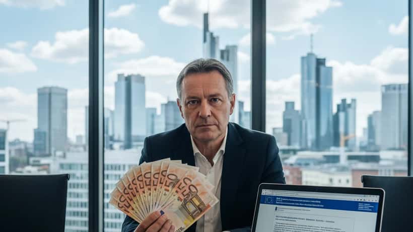 Deutscher Finanzberater mit Eurobanknoten und EU-Regulierungsdokumenten auf dem Schreibtisch
