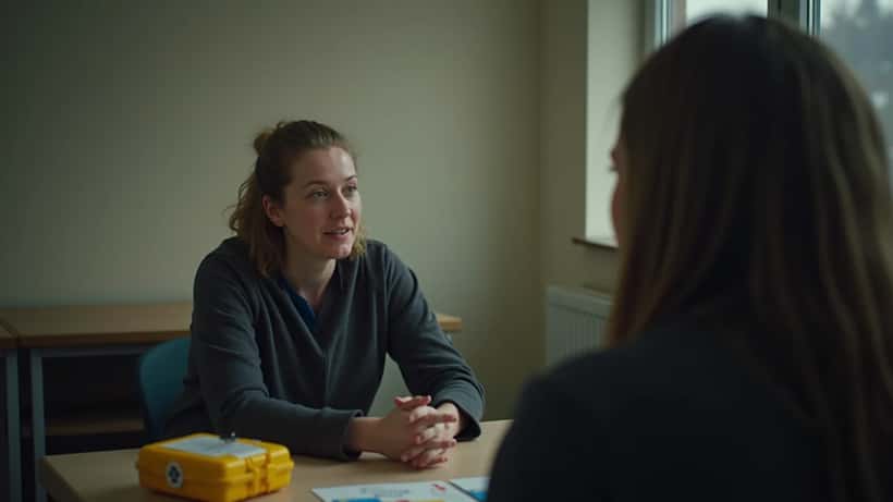 Heilbrigðisstarfsmaður í skaðaminnkunarþjónustu ræðir við skjólstæðing á heilsugæslustöð í Reykjavík