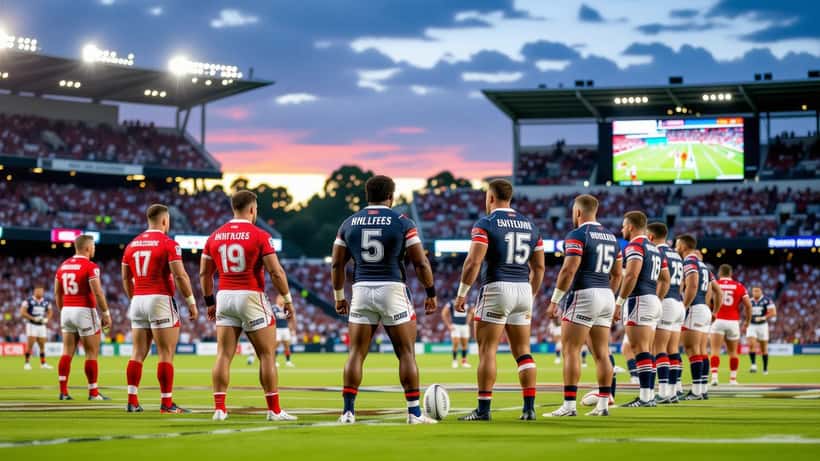 Brisbane Broncos and Sydney Roosters players prepare for the 2026 NRL clash under stadium lights