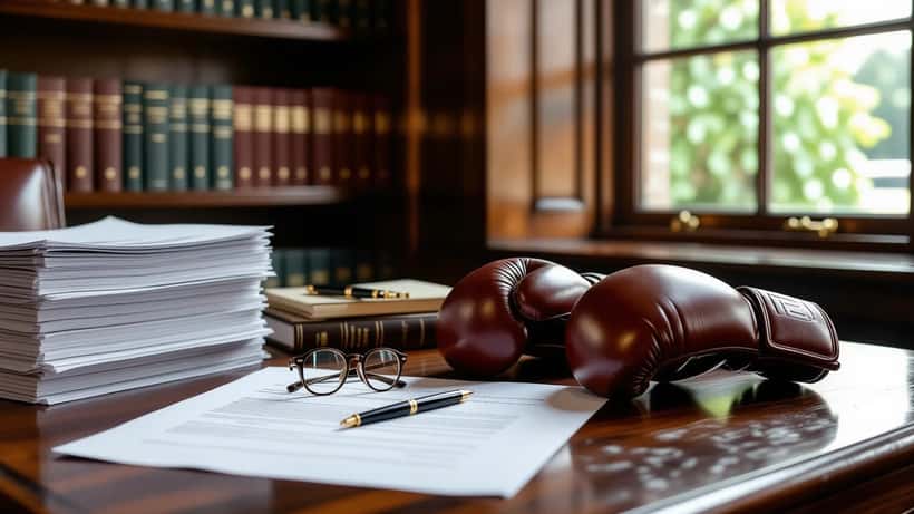 Red boxing gloves resting on a solicitor's desk beside a stack of legal contract documents and a fountain pen
