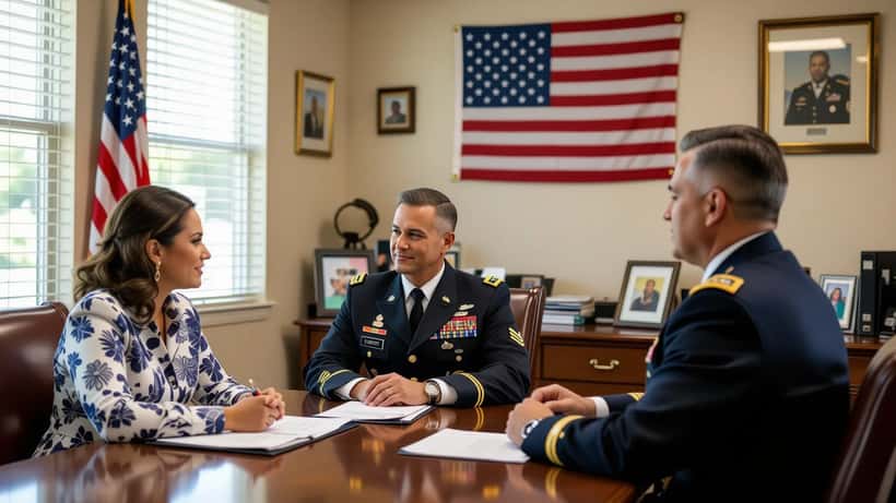 Esposa latina de veterano militar revisando documentos de inmigración en oficina legal en Texas