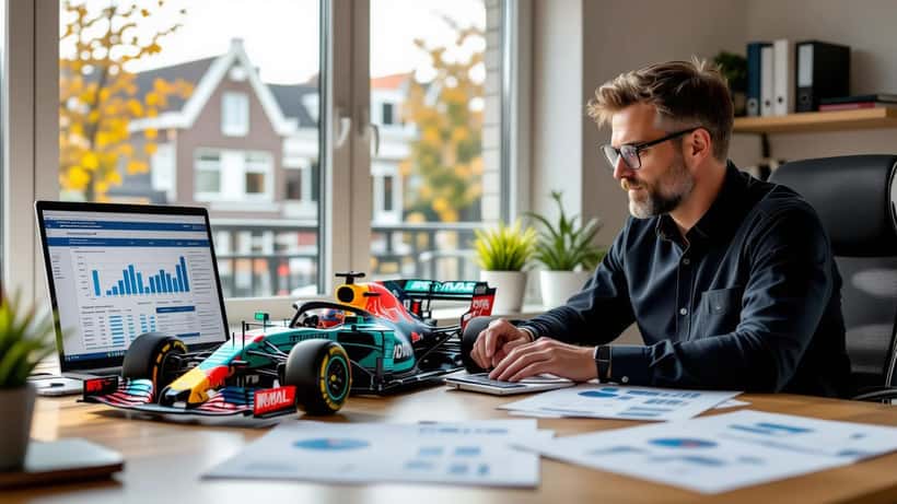 Financieel planner analyseert investeringsgrafiek naast Formule 1 modelauto op bureau