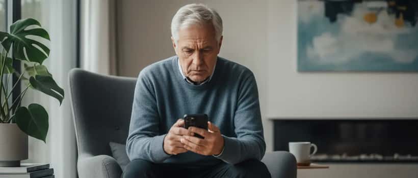 Nederlandse man in zijn 60s kijkt bezorgd naar zijn telefoon in zijn woonkamer