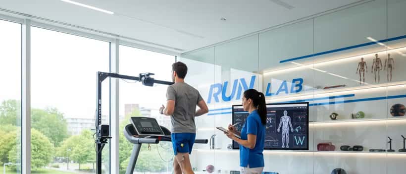 British amateur runner receiving gait analysis from a sports physiotherapist in a modern clinic