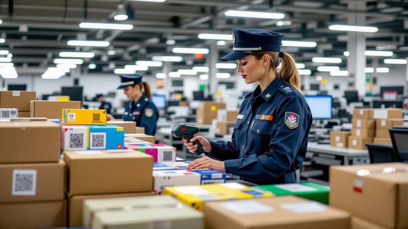 Douanier suisse examinant des colis de plateformes asiatiques dans un centre de tri douanier