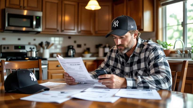 American man reviewing sports betting tax documents and W-2G form at kitchen table with playoff bracket printout
