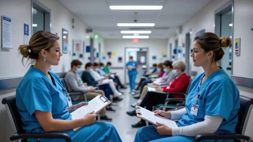 Infirmière dans un couloir d'hôpital public surchargé en France 2026, salle d'attente pleine