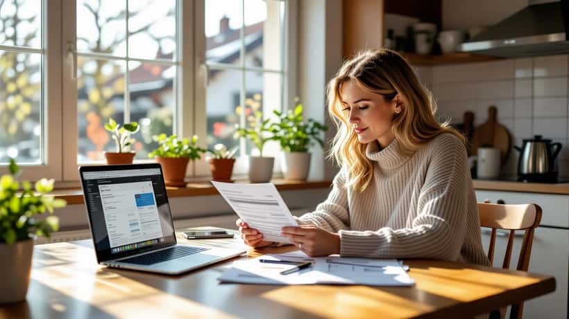 Österreicherin prüft SEPA-Formular und Onlinebanking am Küchentisch für ORF-Beitrag 2028