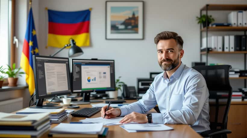 Moldauischer Staatsbürger und Anwalt prüfen Aufenthaltsdokumente im Büro mit EU- und Moldawien-Fahne