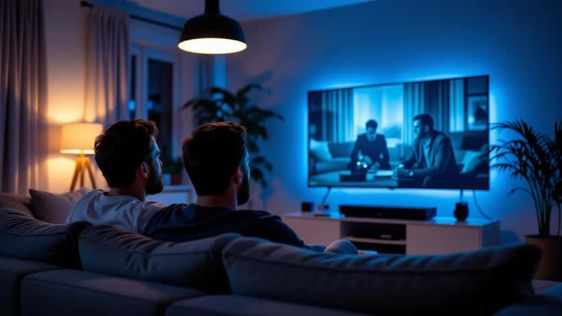 Mann schaut Tatort auf großem Heimkino-Fernseher im abgedunkelten Wohnzimmer mit Soundbar