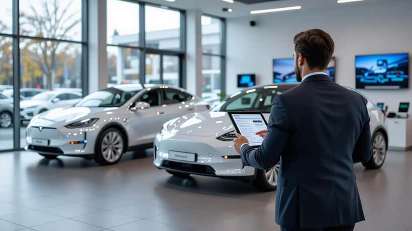 Consumatore italiano esamina documenti sugli incentivi auto con un venditore in una concessionaria