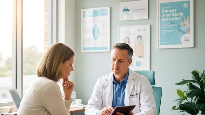 Australian GP doctor in a Sydney consultation room discussing results with a patient, warm clinical lighting