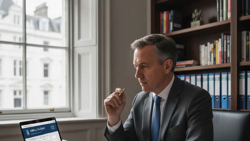 British financial adviser reviewing tax documents and HMRC portal on laptop in a London office