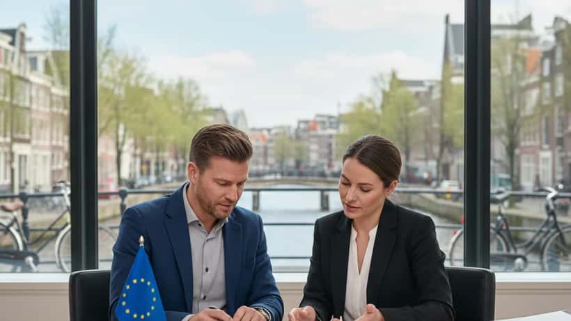 Een Nederlander raadpleegt een advocaat in een modern kantoor in Amsterdam over de nieuwe Duitse dienstplichtwet