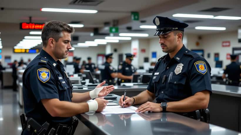 British tourist filing a police report at a Madrid Policía Nacional station after a crime