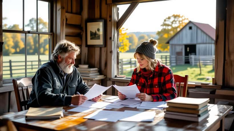 Couple d'agriculteurs examinant des documents juridiques à la table d'une ferme normande