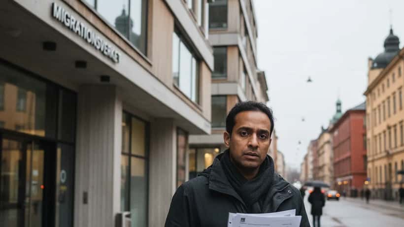 Person med juridiska dokument utanför svensk migrationsmyndighet i Stockholm