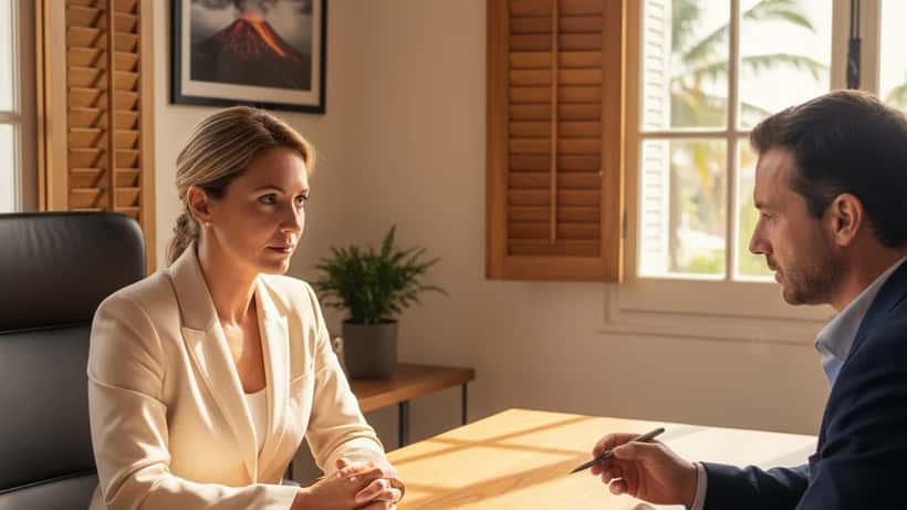 Femme consultant un avocat spécialisé en assurance dans un bureau de La Réunion après l'éruption du Piton de la Fournaise