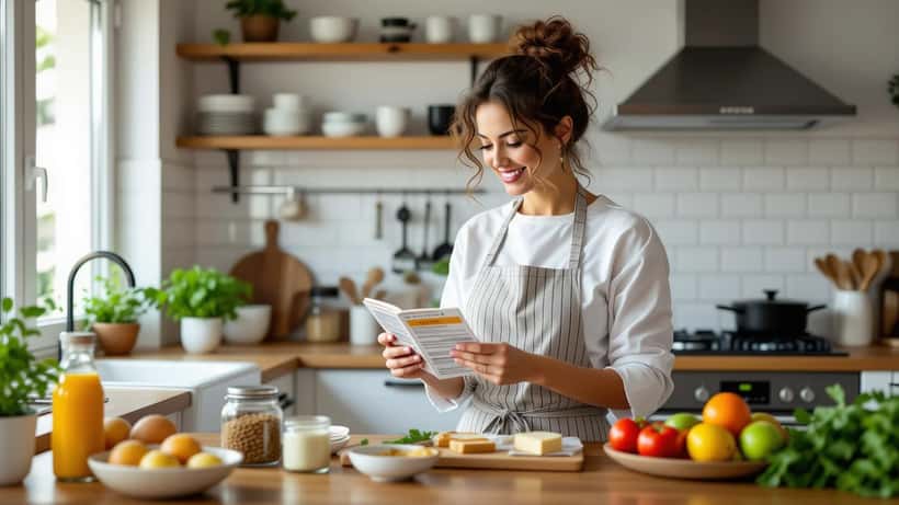 Nutritionniste examinant des étiquettes alimentaires et des sucres cachés dans une cuisine parisienne
