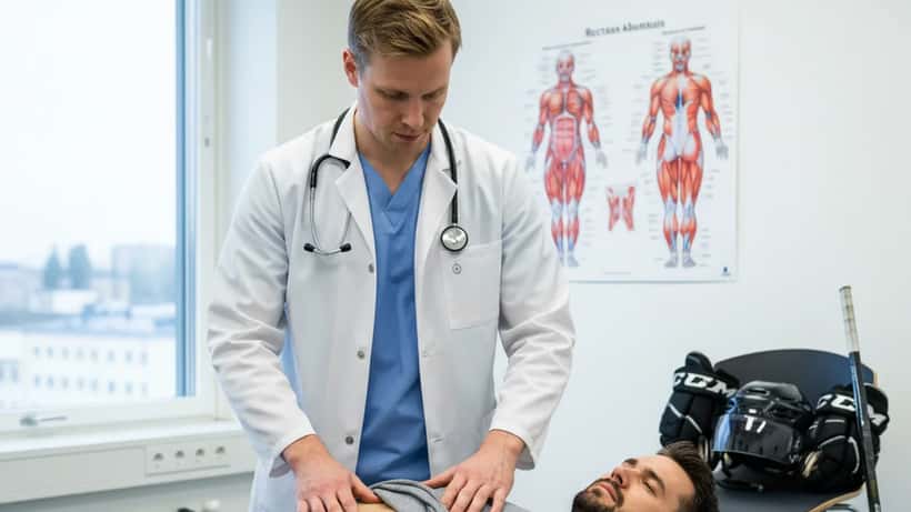 Urheilulääkäri tutkii jääkiekkopelaajan vatsan aluetta urheilulääketieteen klinikalla Tampereella