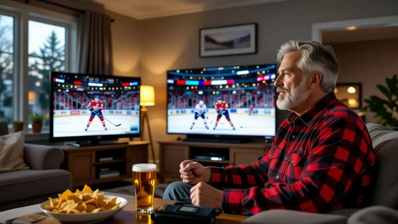 Canadian man watching Edmonton Oilers game with blood pressure cuff on coffee table