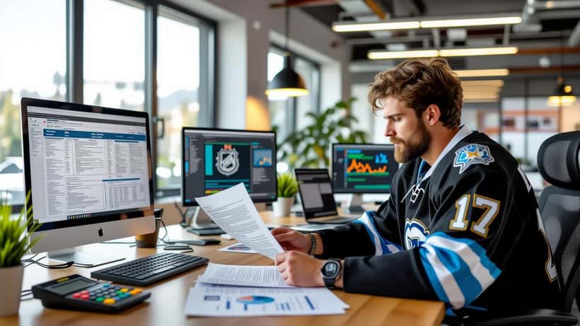 Conseiller financier analysant les contrats et le cap salarial LNH 2026 dans un bureau à Denver