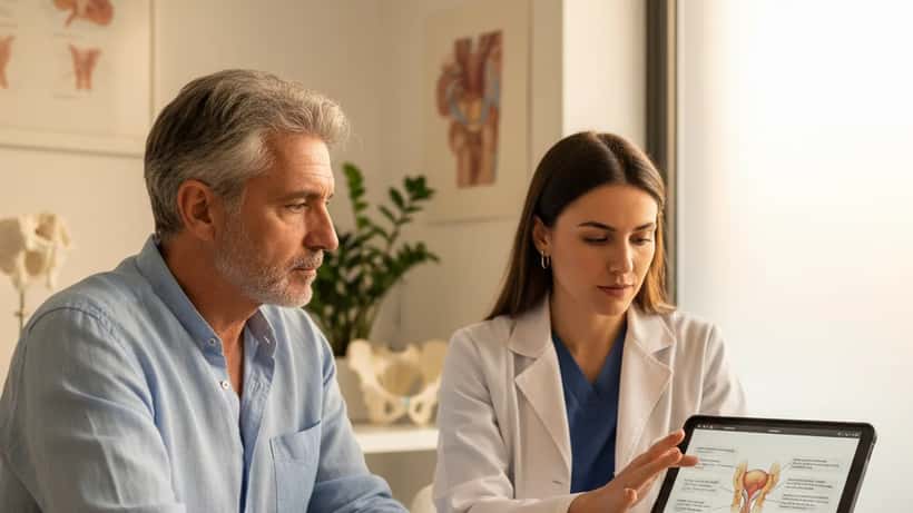 Uomo italiano in consulenza con urologo per controllo prostata, studio medico moderno a Milano