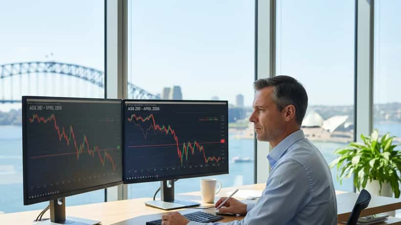 Australian financial adviser reviewing ASX 200 market correction data on dual monitors in a Sydney office