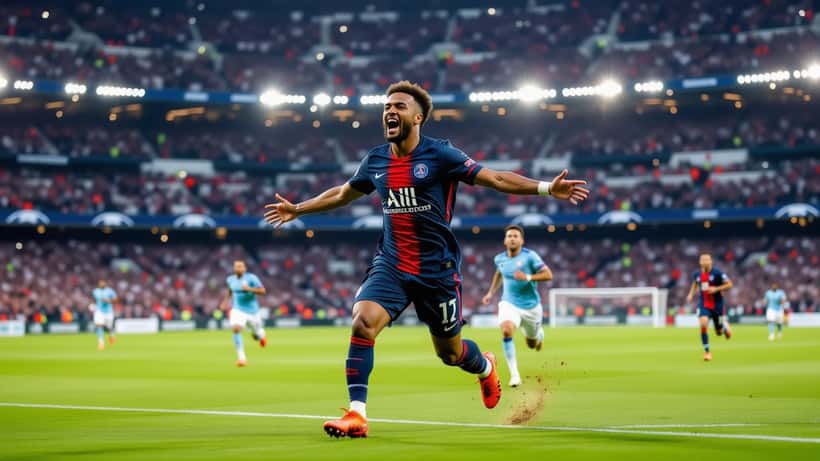 Footballeur professionnel en tenue PSG célébrant un but sous les projecteurs d'un stade