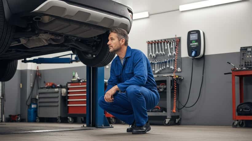 Australian mechanic inspecting a hybrid SUV on a car lift in a Sydney garage
