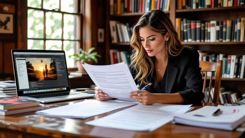 Autora brasileira revisando contrato de cessão de direitos autorais com laptop exibindo plataforma de streaming ao fundo