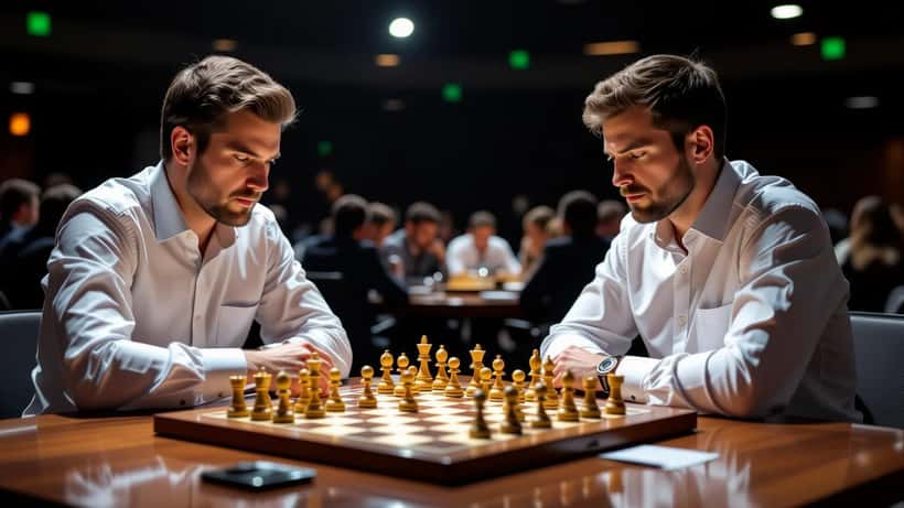Magnus Carlsen-style chess grandmaster at a tournament board in 2026