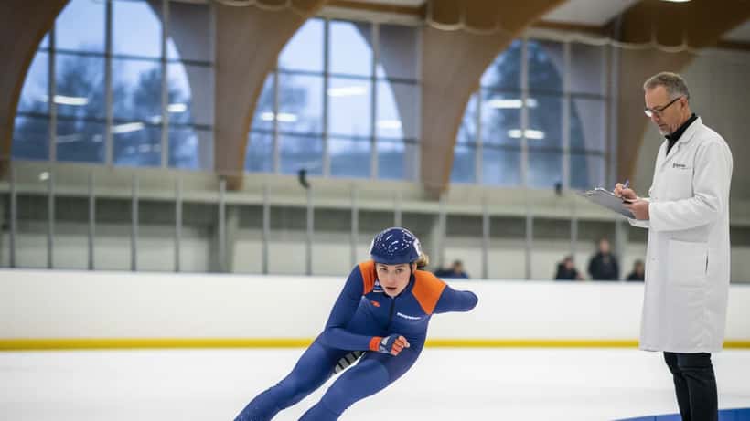 Nederlandse schaatsster in aerodynamische positie op overdekte ijsbaan, fysiotherapeut op de achtergrond