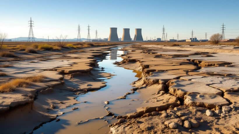 Tørr elvebunn med dramatisk lavt vannstand, tørke i Donau-regionen sommeren 2026 med industrikjøletårn i bakgrunnen